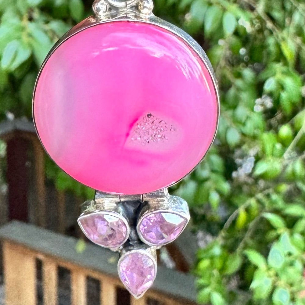 π Vintage Sterling Silver Pink Druzy Agate & Rose Quartz Pendant - Picture 2 of 12